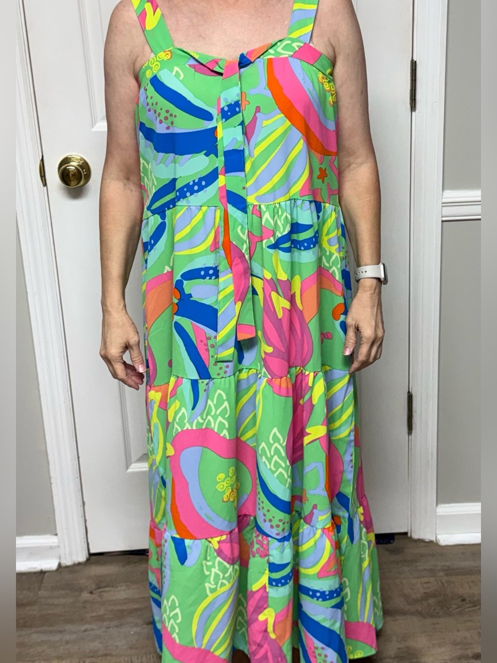 Green Abstract Tiered Maxi Dress with Pink & Blue Accents Small